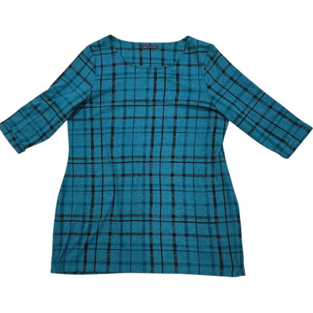 M&S Blue & Black Plaid Tunic Top US 18 Plus Size Shift 3/4 Sleeve EUC